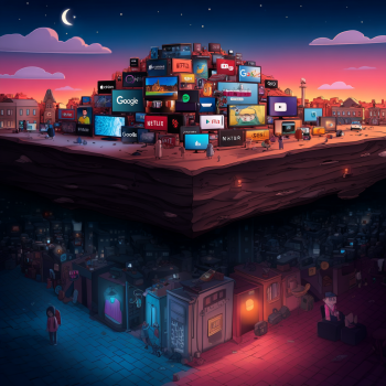 The image depicts a landscape split horizontally: the top half shows a city with a large mound of glowing screens displaying various app and streaming service logos under a twilight sky, while the bottom half reveals a hidden, darker underbelly of the city with obscured buildings and subtle figures.